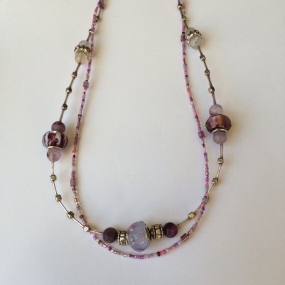 Items similar to Seed bead necklace Beaded pink necklace Two strand ...