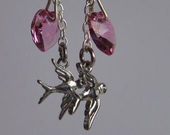 Pink swarovski heart earrings with swallow