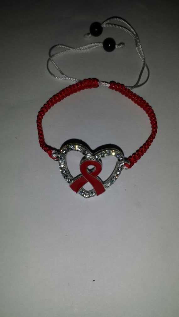 Red Ribbon Awareness Bracelet with Rhinestone Heart