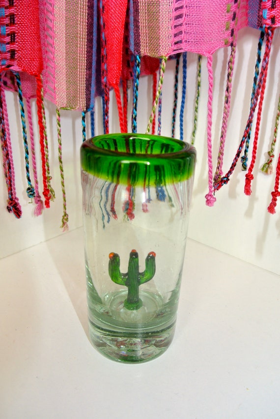 Mexican Hand Blown Shot Glass Gift Ready Green Cactus