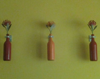 Upcycled Wine Bottle Wall Vases, 3 Painted Bottles, Hanging Wine Bottles, Metal Hardware for Hanging