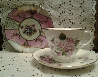 Mixed Set of Cup and Saucer and Dessert Plate with Violets