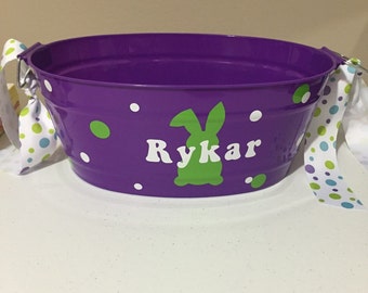 Personalized Easter baskets. 4 color pails to choose from. Pink, blue, green, purple. Any image and color vinyl of your choice.