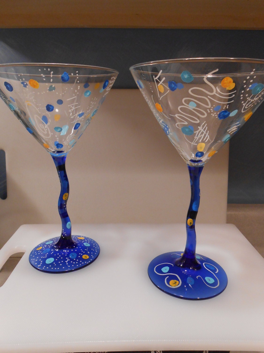 Martini glass hand painted blue stem by MimisMemory on Etsy