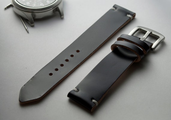 Shell cordovan leather watch strap band in black Handmade.