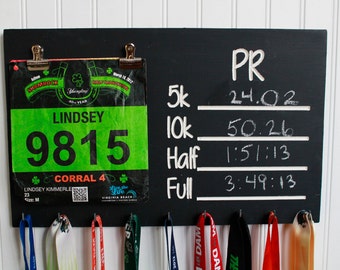 Carved Race Medal Display Chalkboard PR Medal holder and bib holder - Running Medal Holder- Bib Holder