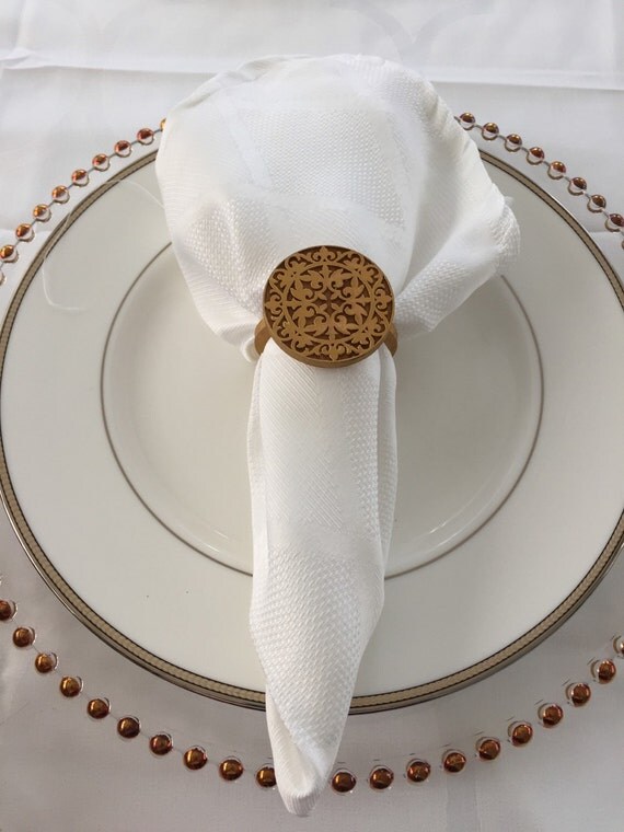 Wood Napkin Rings Vintage Design Gold Set of 6 by OnceUponADinner