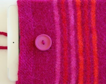 Tablet case, knitted kindle case, ipad mini case, tablet cover knitted in magenta wool with red, orange and pink stripes. Made in Scotland.