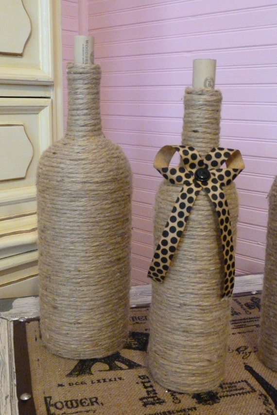 Items similar to Handmade jute bottle set with polka dot button bow on Etsy