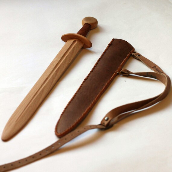 Toy wooden sword with leather sheath by RusWoodToys on Etsy