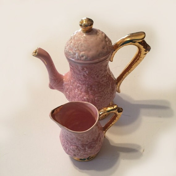 Vintage Ceramic Pink Teapot with Matching Pitcher Set Pink