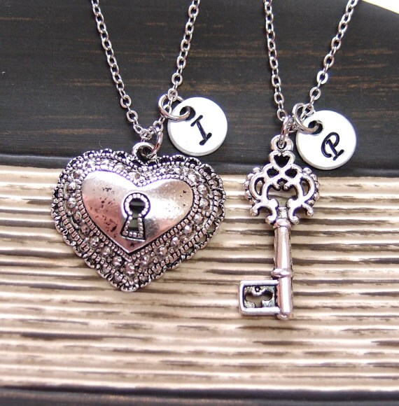 2 initial Best Friends lock and key necklaces set of two key