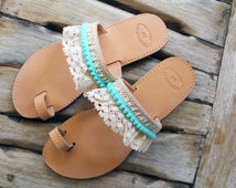 ... Sandals embellished w ith Cotton Lace Trim and Turquoise Pom Pom Trim