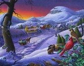 Christmas Winter Landscape, Farm Folkart Giclee Print with Cardinals, Sleigh Ride and appalachia Small Town, Amish, folkart, Sunset