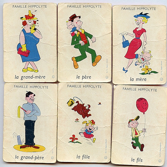 FRENCH Game Cards Set of 6 Vintage Hippolyte Famille Cartoon