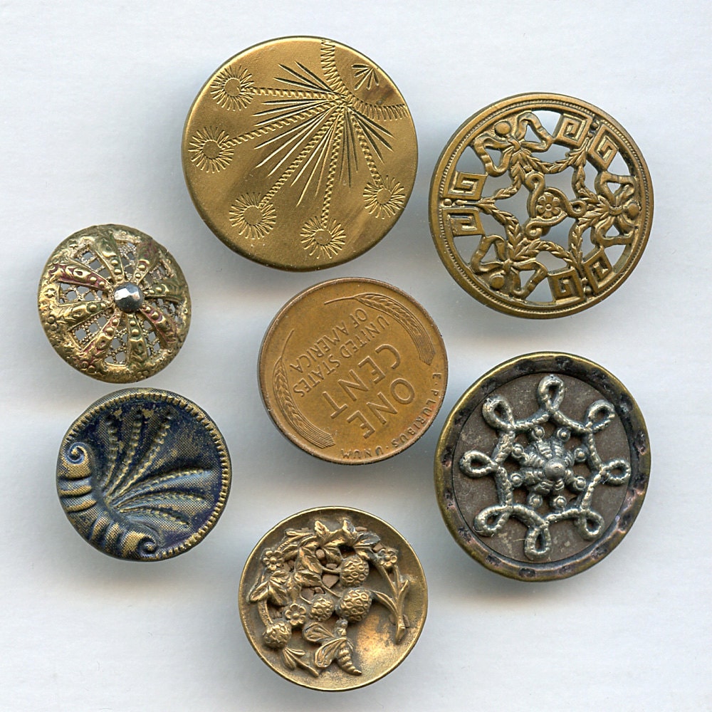 Victorian Metal Buttons of 6 UNUSUAL and BEAUTIFUL DESIGNS