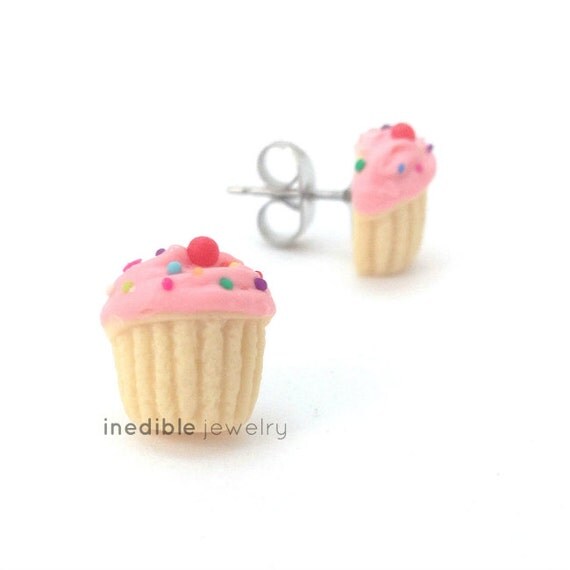 Birthday cupcake stud earrings pink vanilla by inediblejewelry