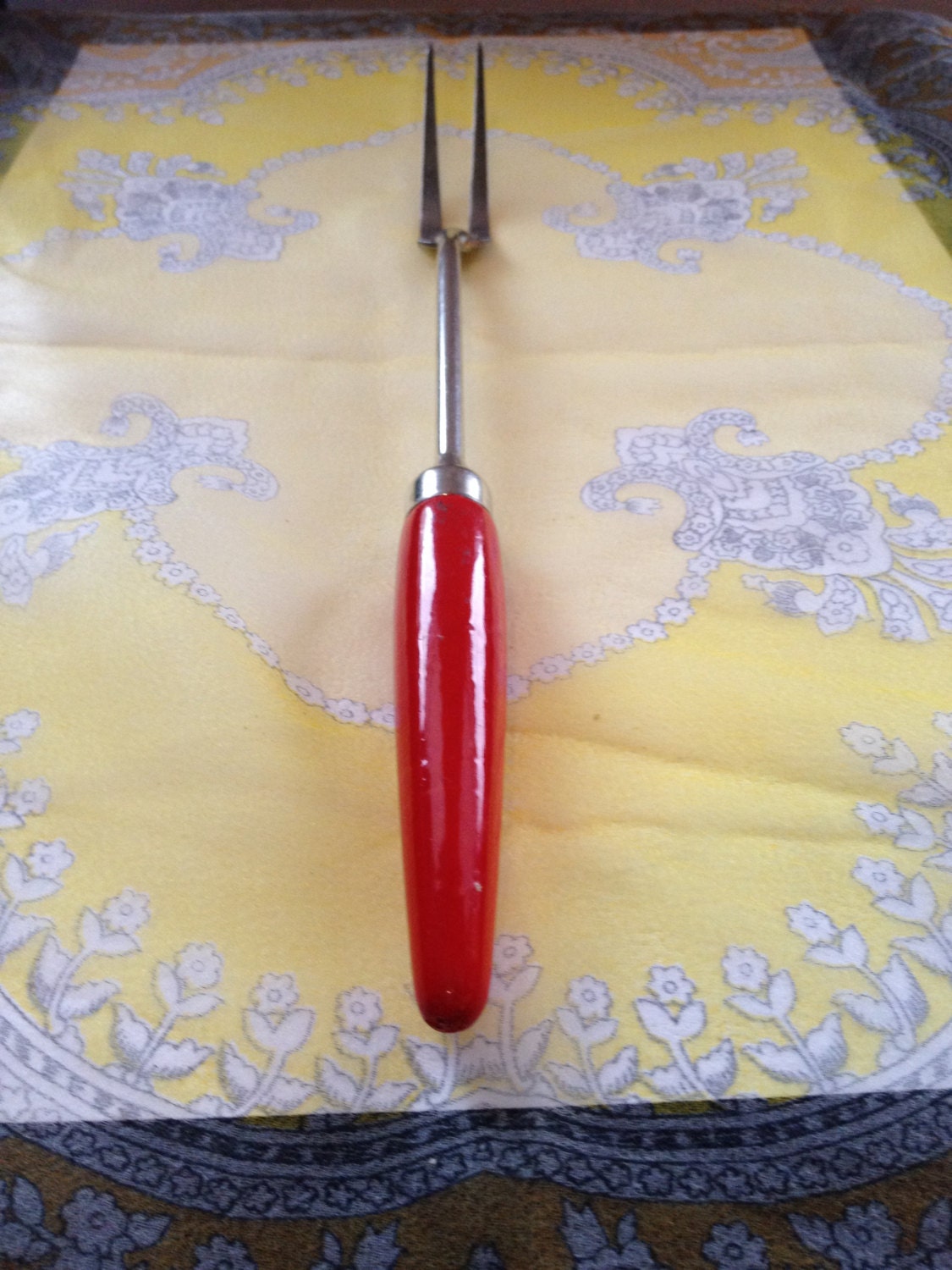 Vintage meat fork 1940 red wooden handled kitchen by SweetThursday
