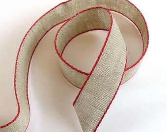 Red Edged Linen Ribbon 3 Sizes Made in France.