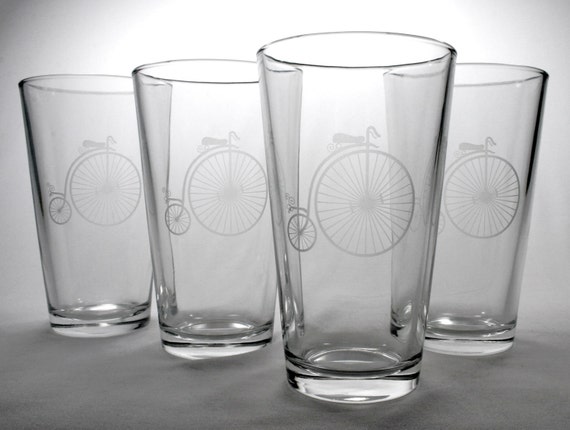 4 Steampunk Bicycle Pint Glasses - Ordinary Bicycle - Penny Farthing Bike