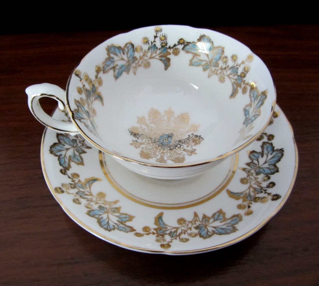 Royal Grafton Fine Bone China Blue Leaf and Gold Teacup and