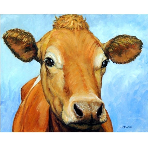 Jersey Cow Art Print Jersey Milk Cow on Blue Painting by