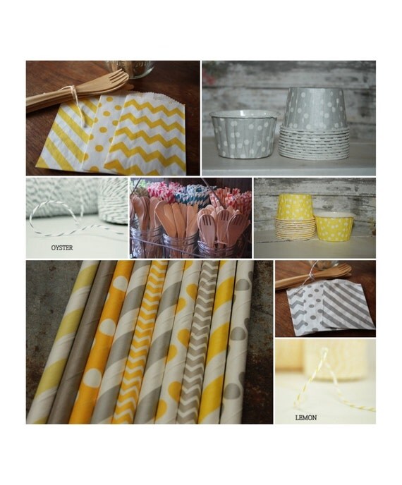 Gray and Yellow Party Pack -- Paper Straws, Baking Cups, Favor Bags, Bakers Twine, Grey, wood utensils Il_570xn