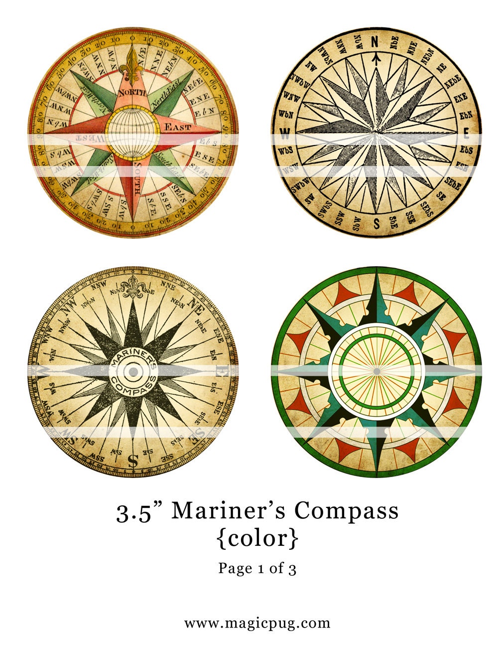 Mariner's Rose Compass Color digital collage sheet 3.5
