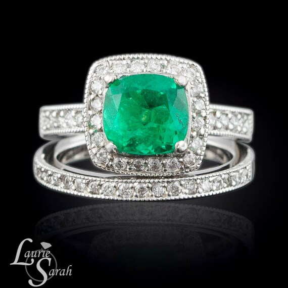 Square Cushion Cut Emerald and Diamond by LaurieSarahDesigns