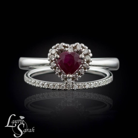 Ruby Engagement Ring Heart Shaped Ruby Ring with Diamond Halo