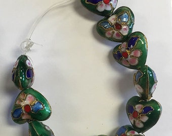 Heart Shape Green Cloisonne Beads Pink Green White Enameled Flowers 12pcs 15x17mm