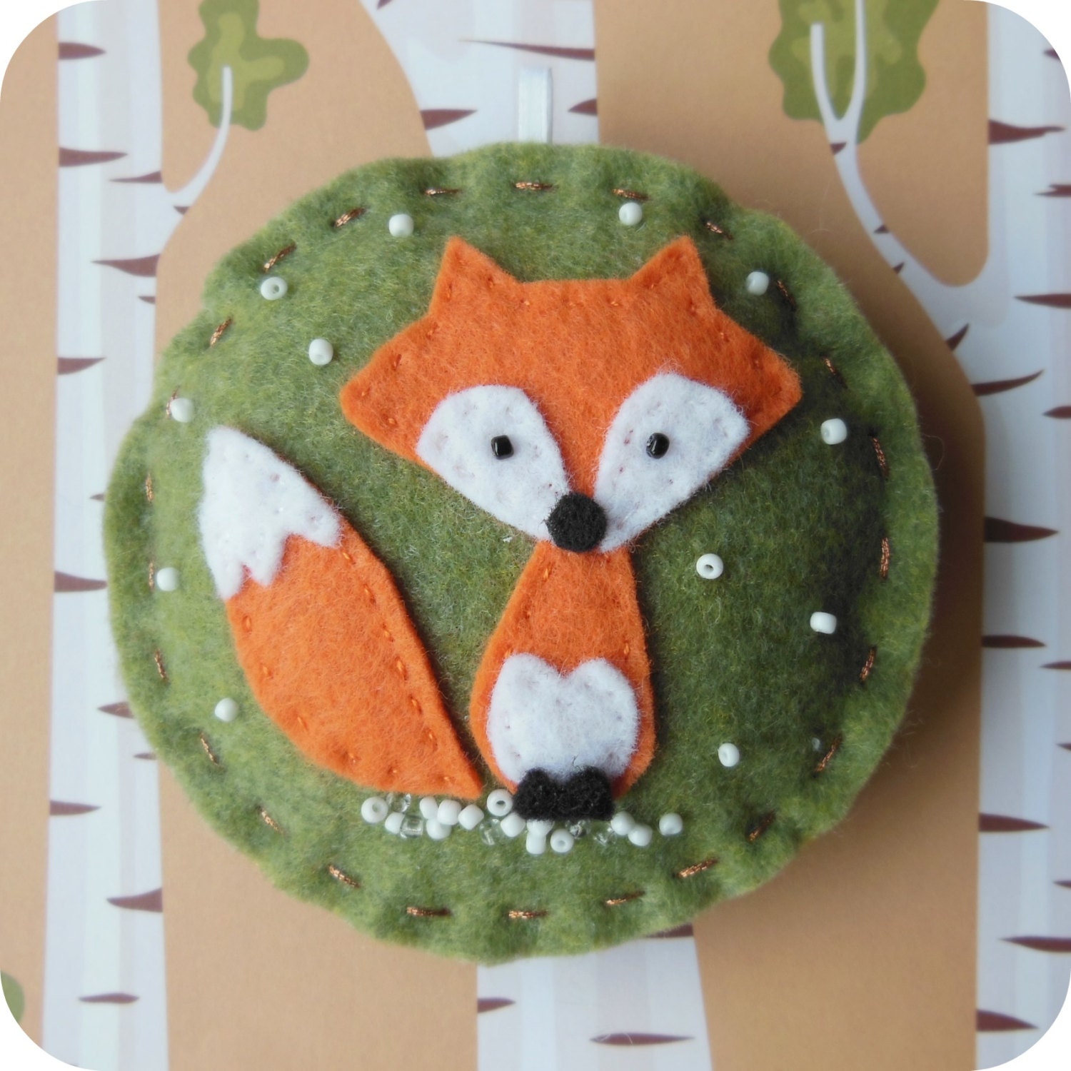 Woodland Fox Felt Christmas Ornament on Olive