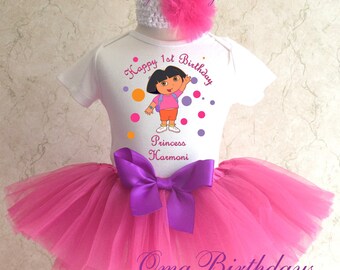 Dora the Explorer Birthday Shirt & Pink Tutu Purple bow Outfit Girl Set first 1st 2nd 3rd 4th 5th 6th 7th Personalized Custom Name Age