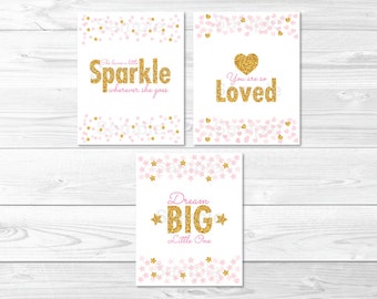 Cute Pink & Gold Glitter Nursery Wall Art / Glitter Confetti / Glitter Dots / Dream Big / You Are So Loved / PRINTABLE Instant Download