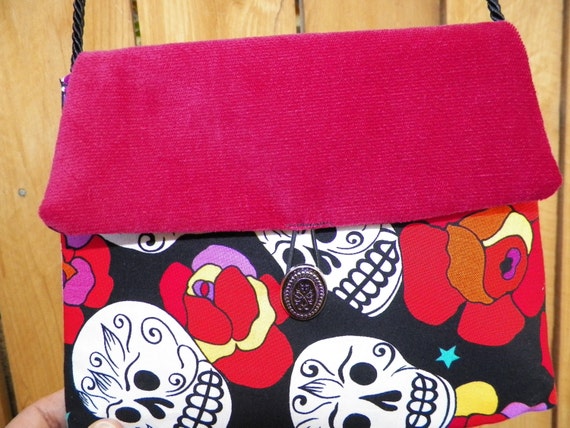 Evening Bag Skulls and Roses Red Velvet and Black Girlie Handbag  with Silk Cord Shoulder Strap