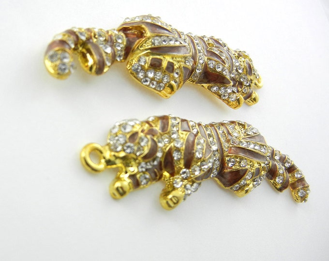 Tiger Charms in Gold-tone Brown and Rhinestone Accented Bending Tail Pair