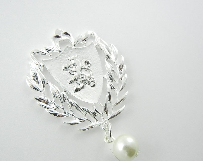 Bright Silver-tone Heraldry Shield with Lion Crest and Faux Pearl Drop Pendant Jewelry Supplies