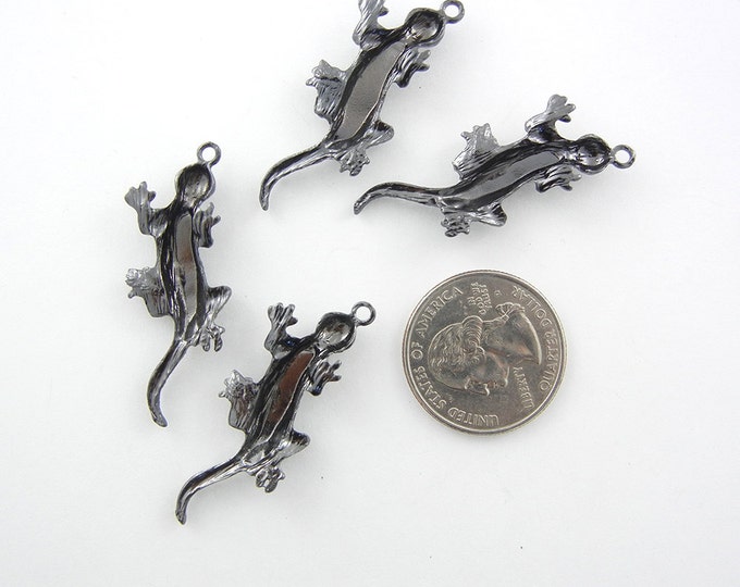 4 Hematite Dark Silver-tone Lizard Charm Pendants Textured