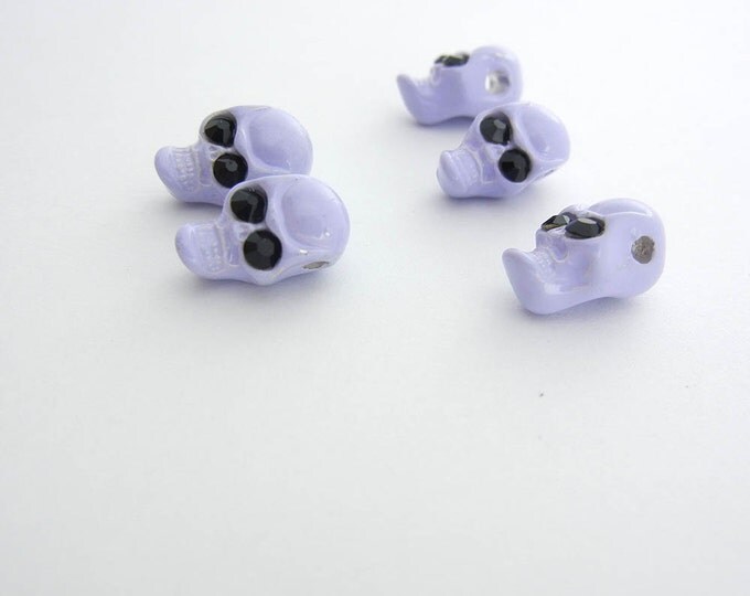 Set of 5 Small Lavender Painted Metal Skull Beads with Black Rhinestone Eyes