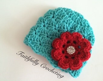 Newborn beanie.. Crocheted flower hair clip.. Ready to ship