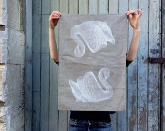 swan linen tea towel, bird screen print tea towel, vintage swan vase printed tea towels in natural linen, dish cloth