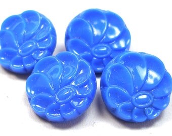 40s Glass Flower buttons, 4 blue Czech glassmm buttons.