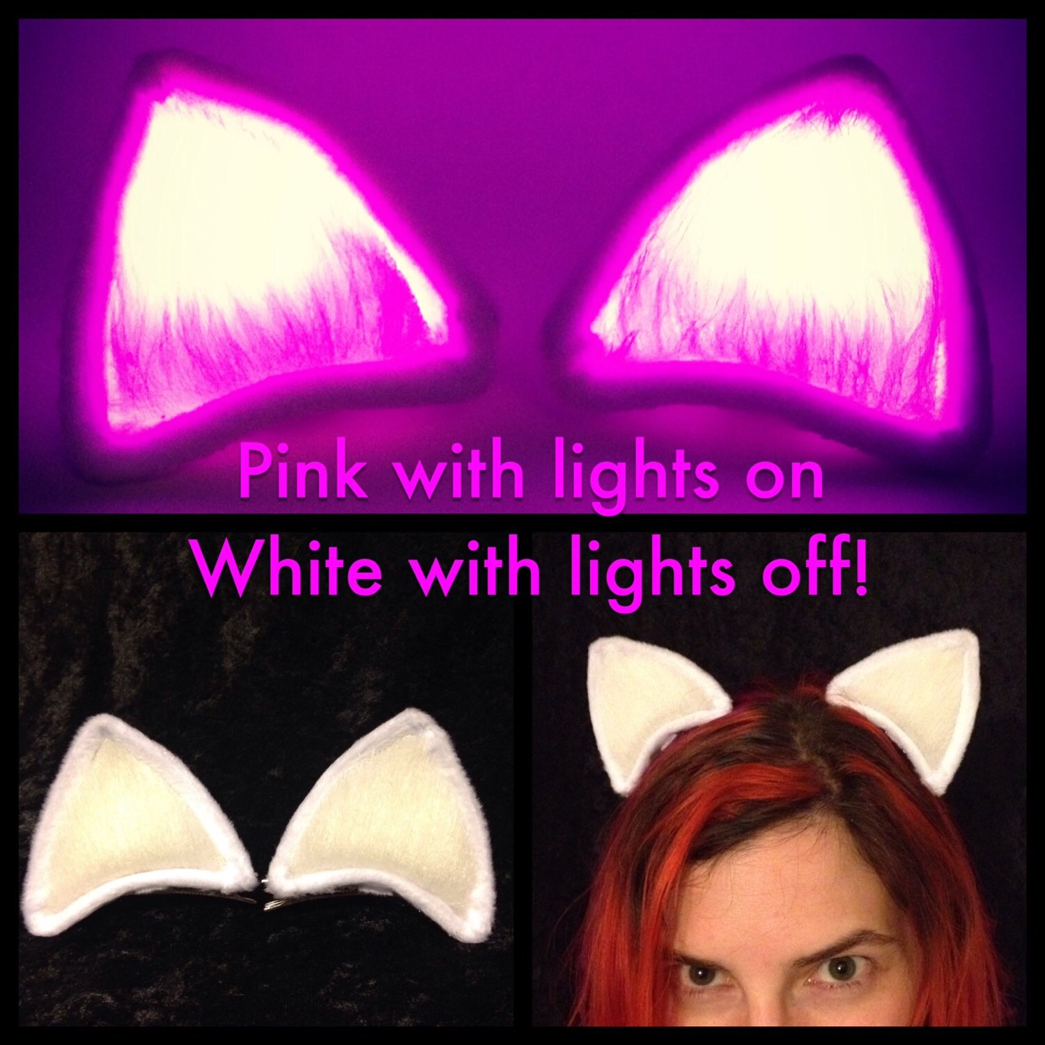 Clip On Cat Ears Pink and White Costume LED Kitty Rave