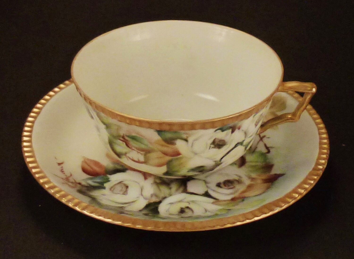 Antique TEA CUP SAUCER Plate Germany Roses Handpainted Signed