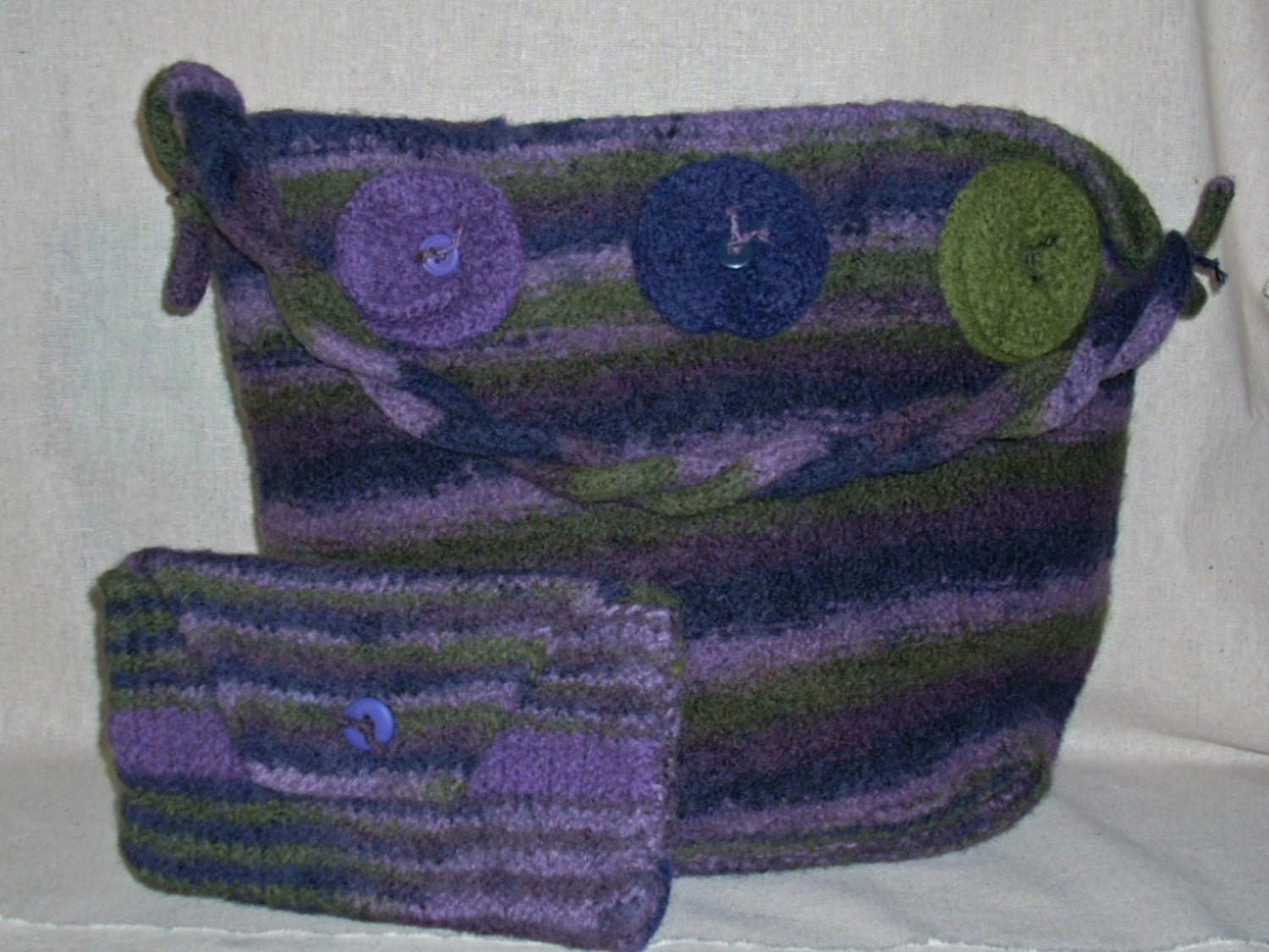 Rose Hand Knit Felted Bag and Cosmetic Clutch in Navy Olive