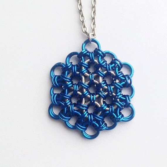 Blue Flower of Life Pendant, Chainmaille Pendant, Mens Pendant, Sacred Geometry Pendant, Men's Necklace, Meditative