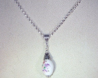 White Ceramic Necklace - Floral - Silver Rolo Chain