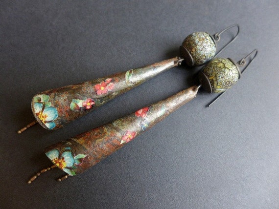 Suton. Long rustic salvaged tin earrings with crackle art beads.