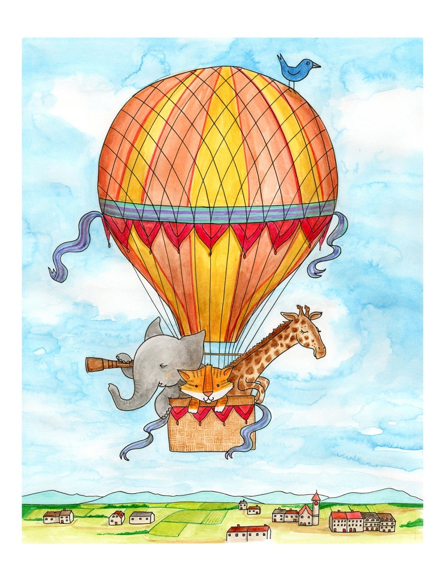 Wall Art. Hot Air Balloon Animals. 8 X 10 Matted Print By Chaldea