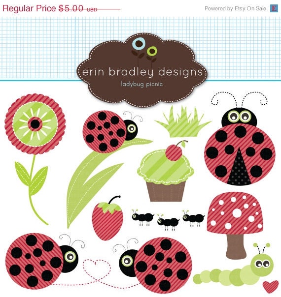 50% OFF SALE Ladybug Picnic Clipart Clip Art for Personal and Commercial Use in Black Red Green Polka Dots and Stripes Il_570xn